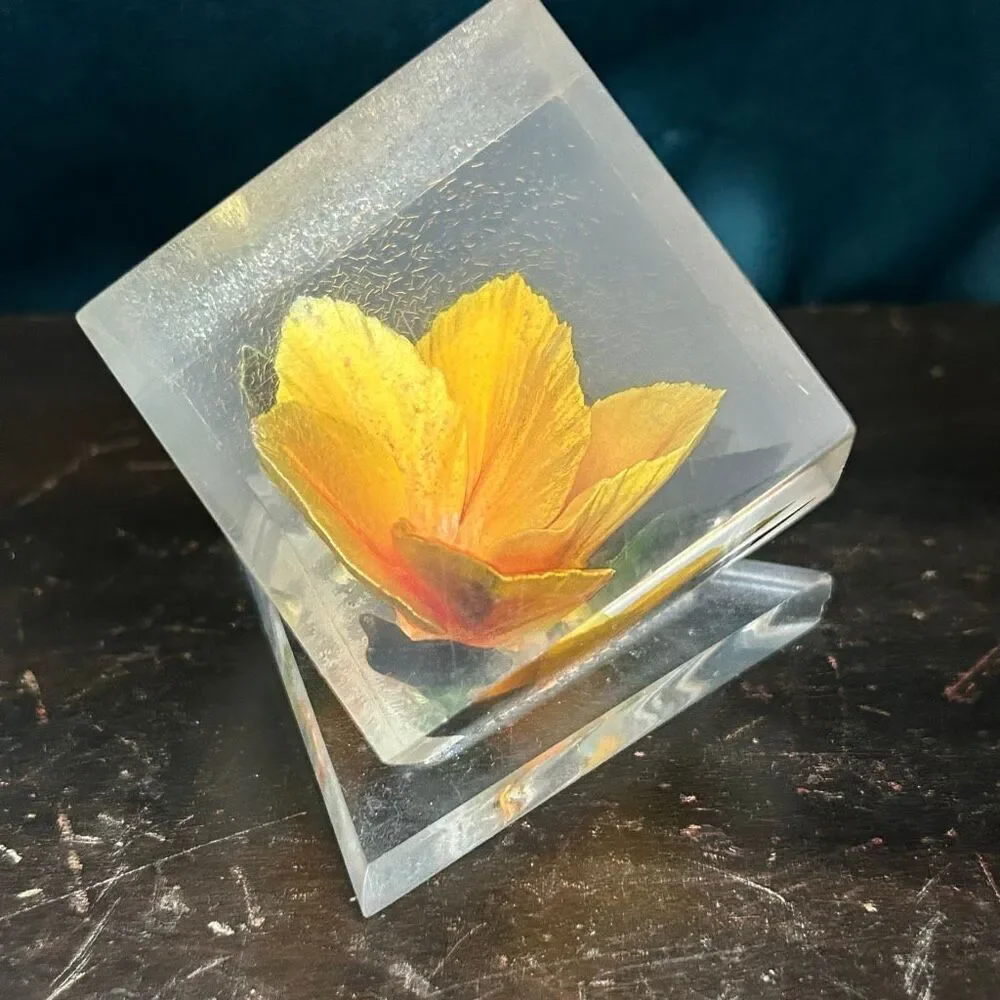 Vintage Russ Berrie Acrylic Yellow Flower Footed Cube Paperweight Imperfect